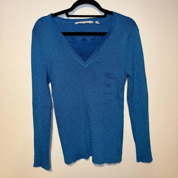 SOFT SURROUNDINGS Aqua Blue Ribbed Knit Sweater V Neck Lace Detailing Pullover S - Picture 1 of 5